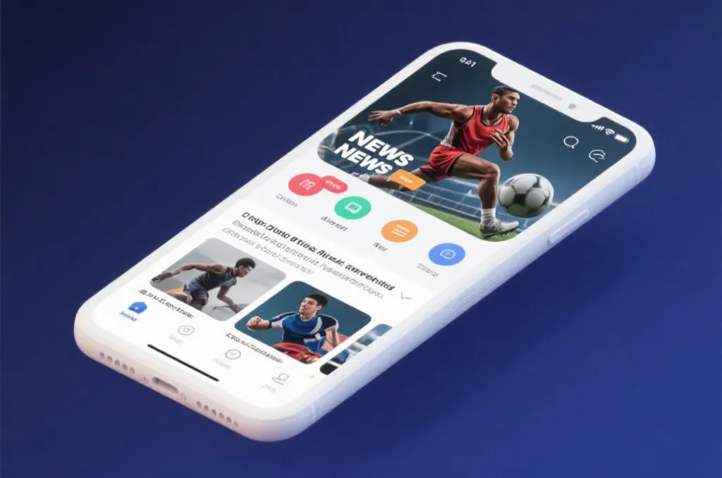 A clean, modern smartphone screen displaying a dynamic sports news application with rich imagery of athletes, minimalist UI design, 3d render style